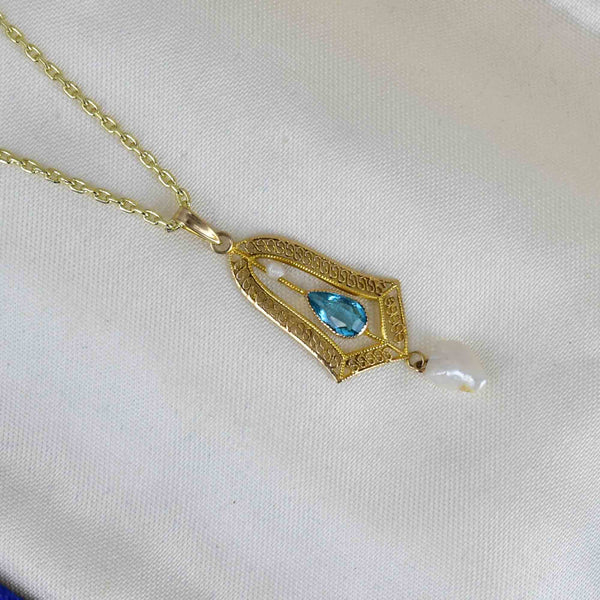 Vintage 10K Gold Aquamarine Pearl Lavaliere Necklace - Boylerpf