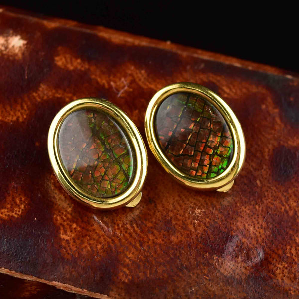 Vintage Gold Fill Ammolite Cabochon Earrings - Boylerpf