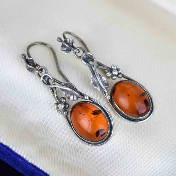 Arts and Crafts Style Silver Baltic Amber Cabochon Drop Earrings - Boylerpf