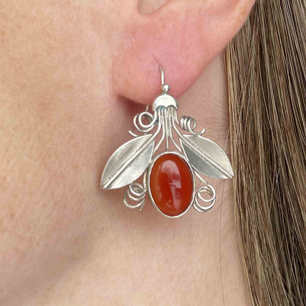 Arts and Crafts Silver Carnelian Bug Earrings - Boylerpf