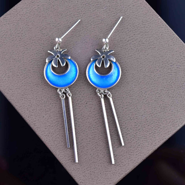 Vintage Blue Guilloche Enamel Silver Palm Chandelier Earrings - Boylerpf