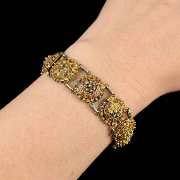 Vintage Red Enamel Sterling Silver Portuguese Link Bracelet
