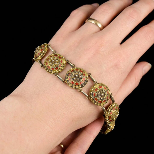 Vintage Red Enamel Sterling Silver Portuguese Link Bracelet