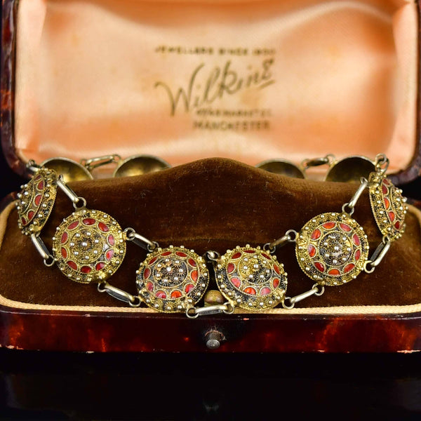 Vintage Red Enamel Sterling Silver Portuguese Link Bracelet