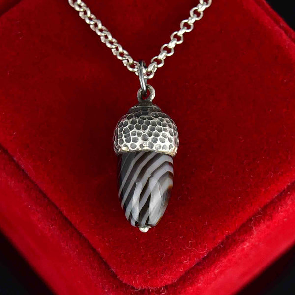 Arts and Crafts Silver Banded Agate Acorn Pendant Necklace - Boylerpf
