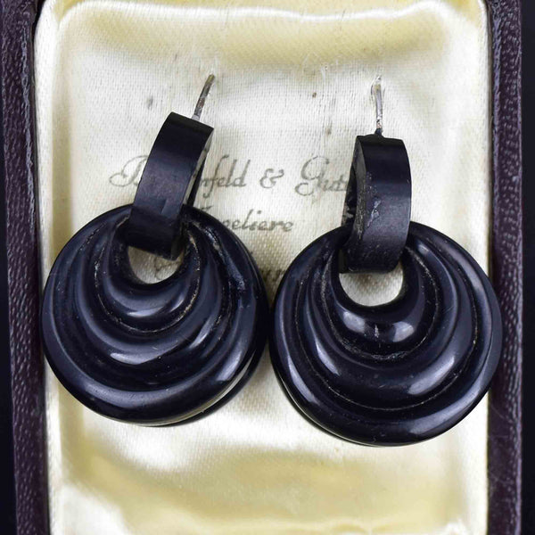 Antique Victorian Carved Circular Whitby Jet Drop Earrings - Boylerpf