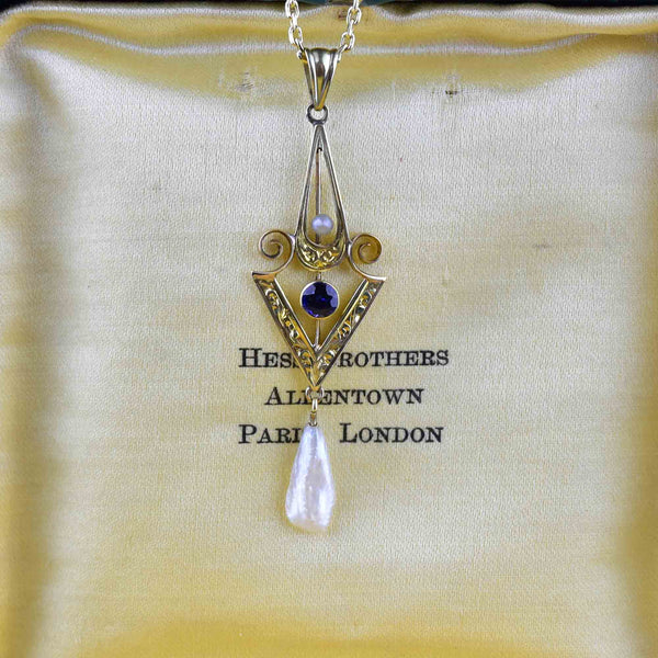 Art Nouveau 14K Gold Sapphire Pearl Lavaliere Necklace - Boylerpf