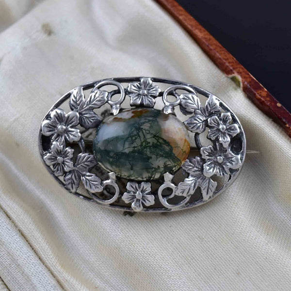 Arts and Crafts Silver Forget Me Not Scottish Moss Agate Brooch - Boylerpf