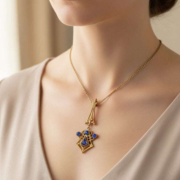 10K Gold Art Nouveau Blue Sapphire Lavalier Pendant Necklace