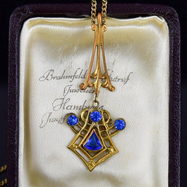 10K Gold Art Nouveau Blue Sapphire Lavalier Pendant Necklace
