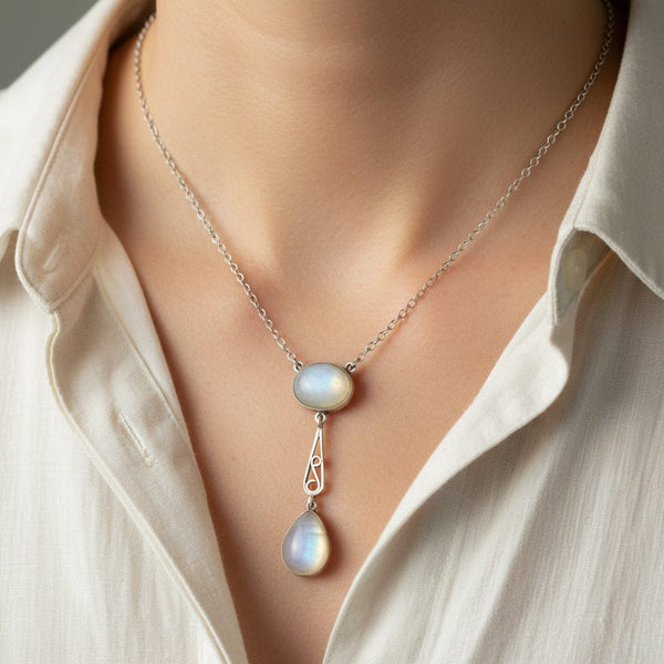 Vintage Art Deco Moonstone Sterling Silver Necklace - Boylerpf