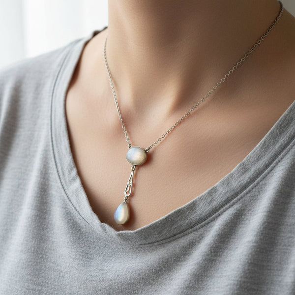 Vintage Art Deco Moonstone Sterling Silver Necklace - Boylerpf