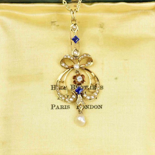 Antique Art Nouveau 14K Gold Diamond Sapphire Bow Lavaliere Necklace - Boylerpf