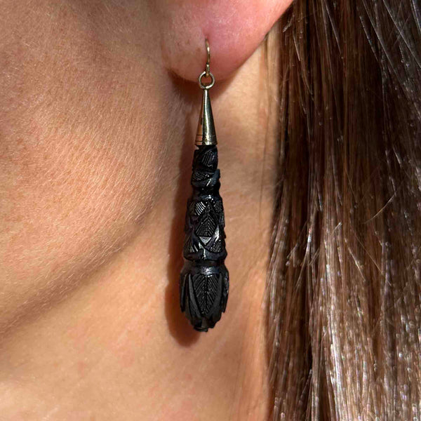 Antique Victorian Gold Carved Whitby Jet Earrings - Boylerpf
