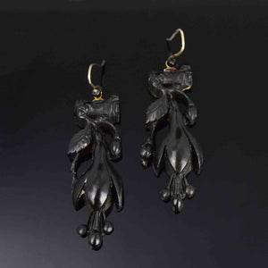 Antique Victorian Whitby Jet Snowdrop Dangle Earrings - Boylerpf