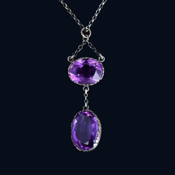 Antique Edwardian Silver 5.5 CTW Amethyst Drop Pendant Necklace - Boylerpf