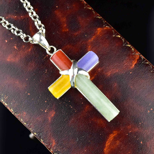 Vintage Multi Colored Jade Silver Cross Pendant Necklace - Boylerpf