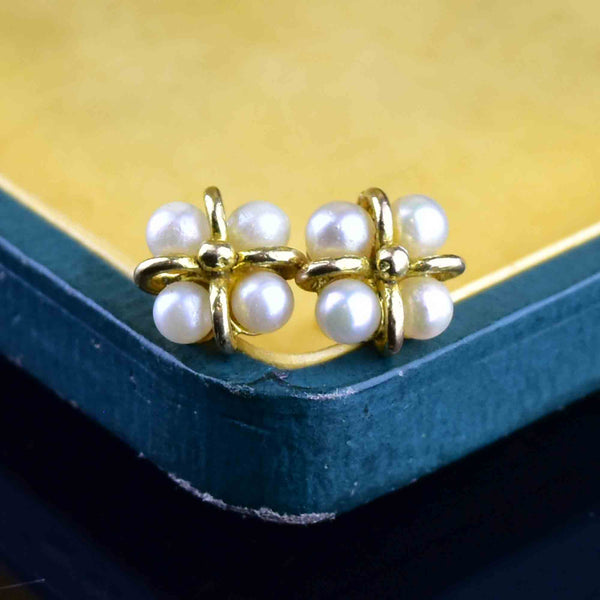 Vintage 9K Gold Pearl Cluster Stud Earrings - Boylerpf