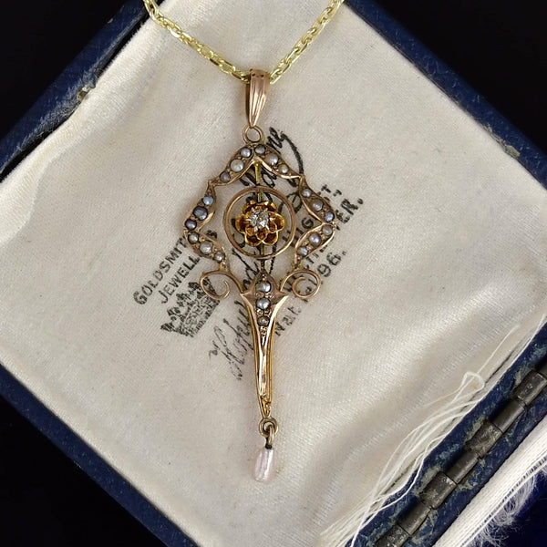 Antique 10K Gold Diamond Seed Pearl Lavalier Necklace