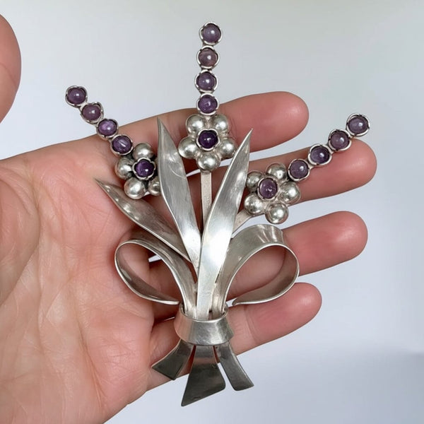 Fred Davis Amethyst Sterling Silver Floral Brooch 1940s - Boylerpf