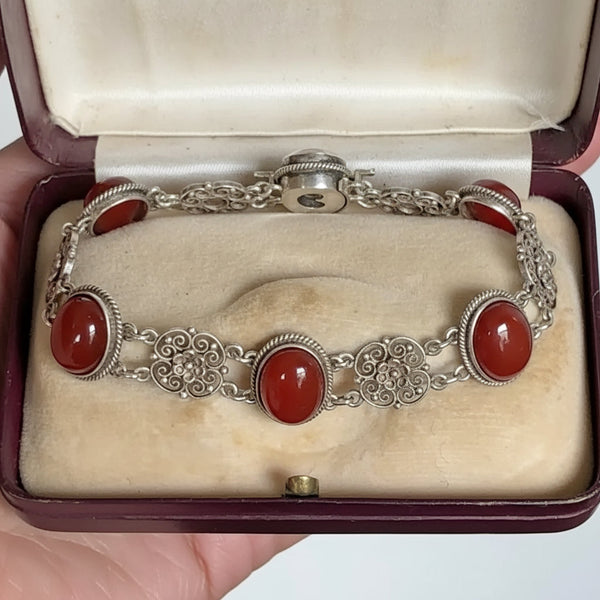 Antique Carnelian Sterling Silver Filigree Bracelet, 1900s