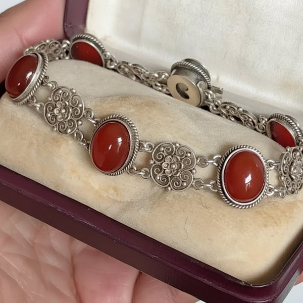 Antique Carnelian Sterling Silver Filigree Bracelet, 1900s