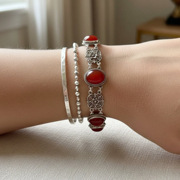 Antique Carnelian Sterling Silver Filigree Bracelet, 1900s