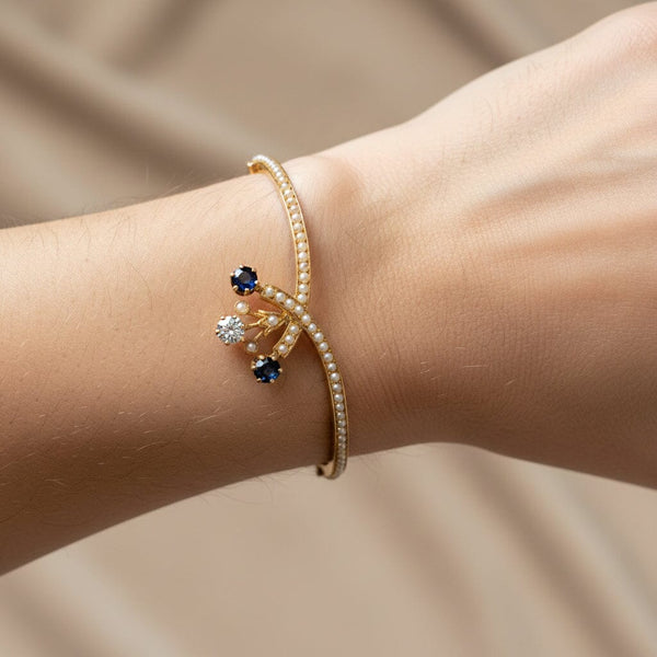 Antique Edwardian Diamond Sapphire Pearl 14K Gold Bangle
