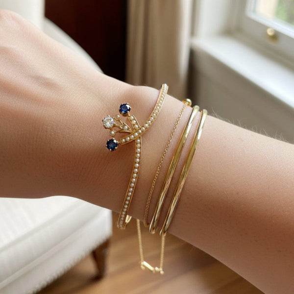 Antique Edwardian Diamond Sapphire Pearl 14K Gold Bangle