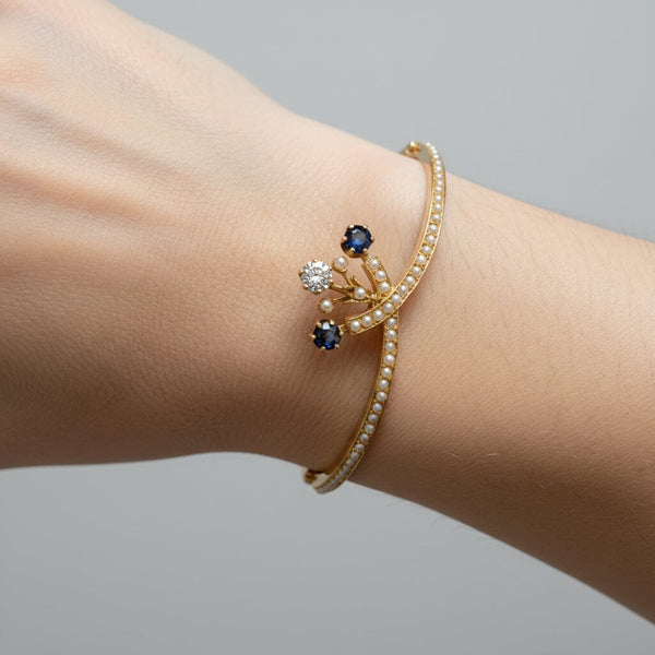 Antique Edwardian Diamond Sapphire Pearl 14K Gold Bangle