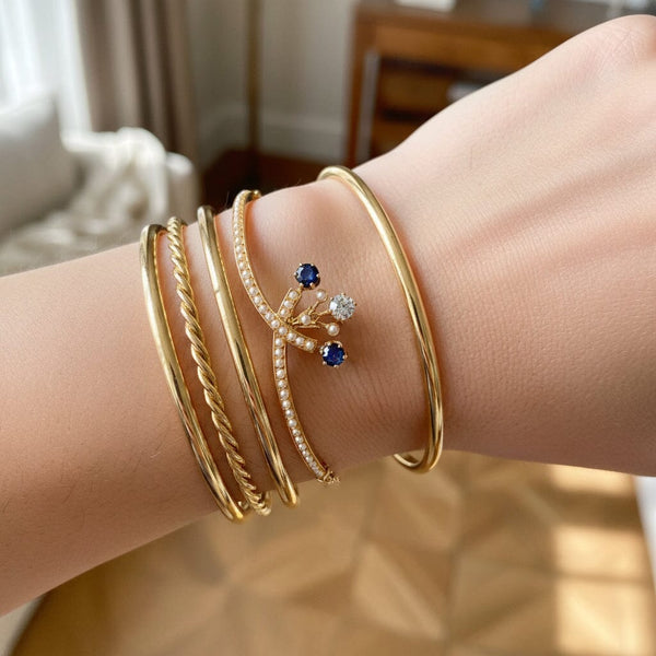Antique Edwardian Diamond Sapphire Pearl 14K Gold Bangle