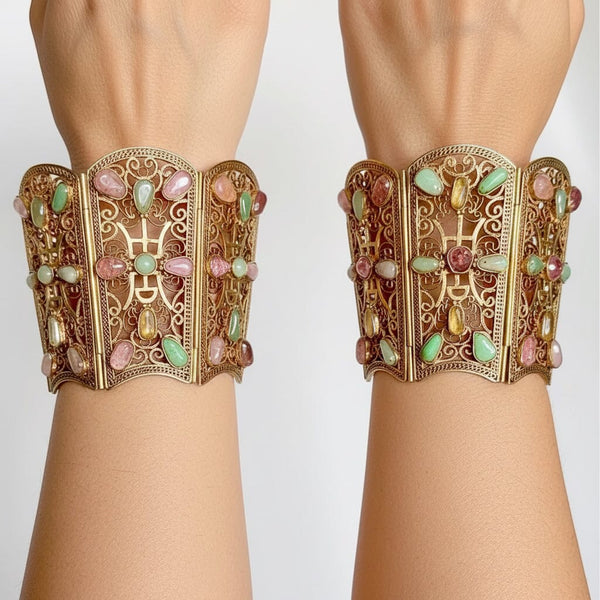 Vintage Wide Sterling Silver Filigree Gemstone Cuff Bracelet