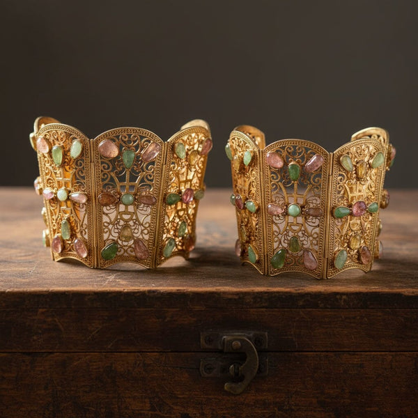 Vintage Sterling Silver Gilt Filigree Gemstone Cuff Bracelet
