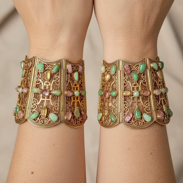 Vintage Wide Sterling Silver Filigree Gemstone Cuff Bracelet
