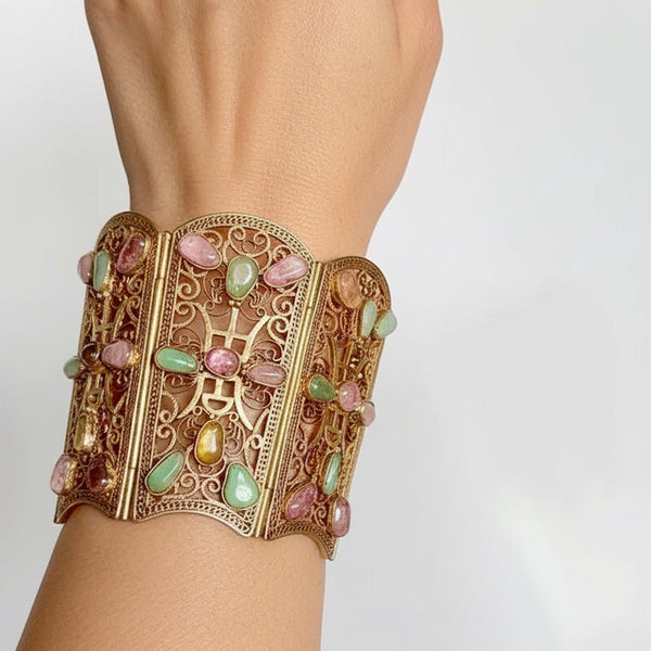 Vintage Wide Sterling Silver Filigree Gemstone Cuff Bracelet
