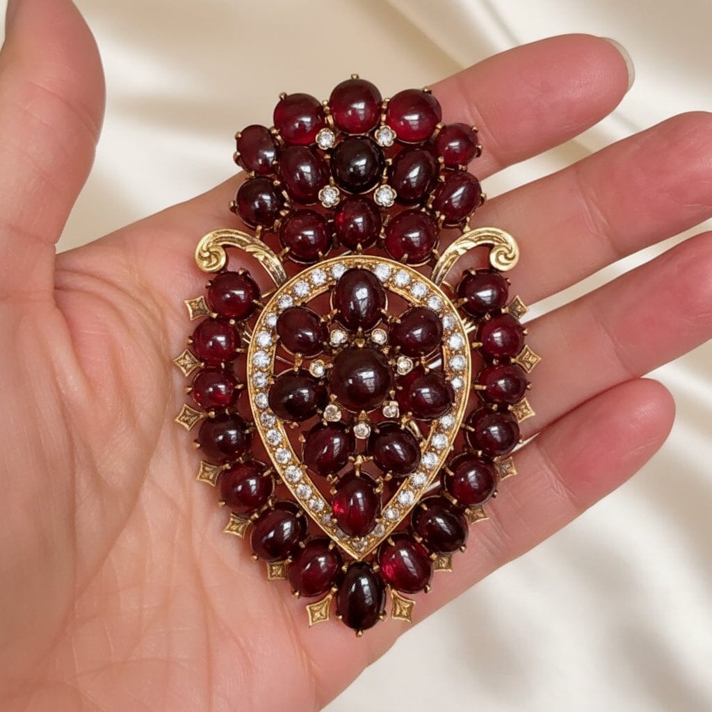 Antique Victorian garnet and diamond brooch pendant in 14K gold