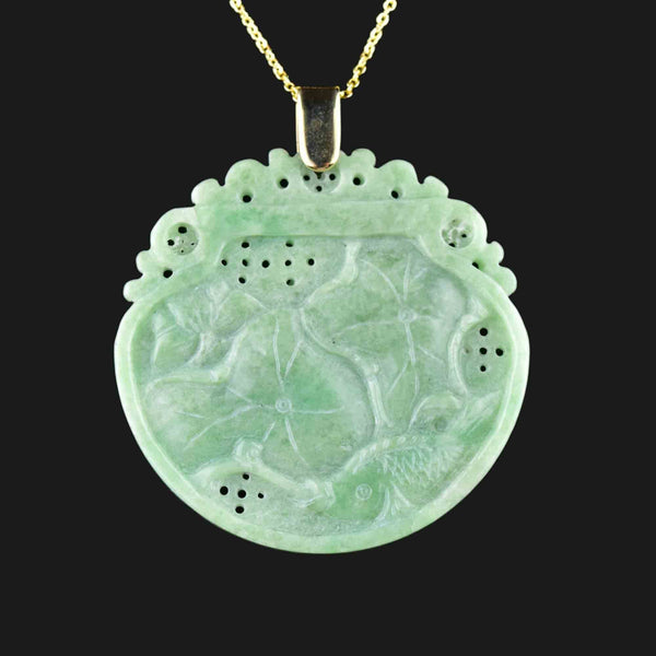 Vintage 14K Gold Carved Jade Fish Lilly Pad Pendant Necklace - Boylerpf