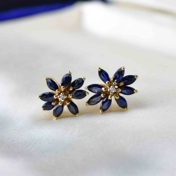 14K Gold Diamond Sapphire Floral Starburst Stud Earrings - Boylerpf