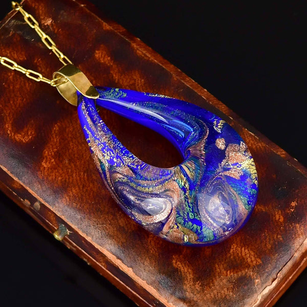 Vintage 9K Gold Blue Murano Glass Necklace