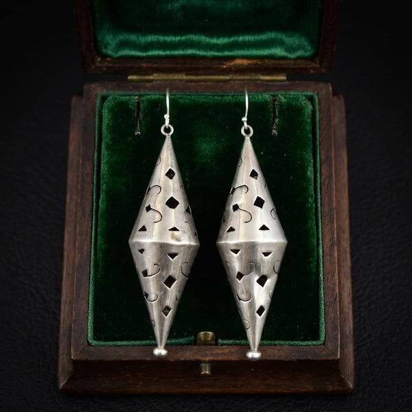 Vintage 3 Inch Sterling Silver Double Cone Cutout Earrings