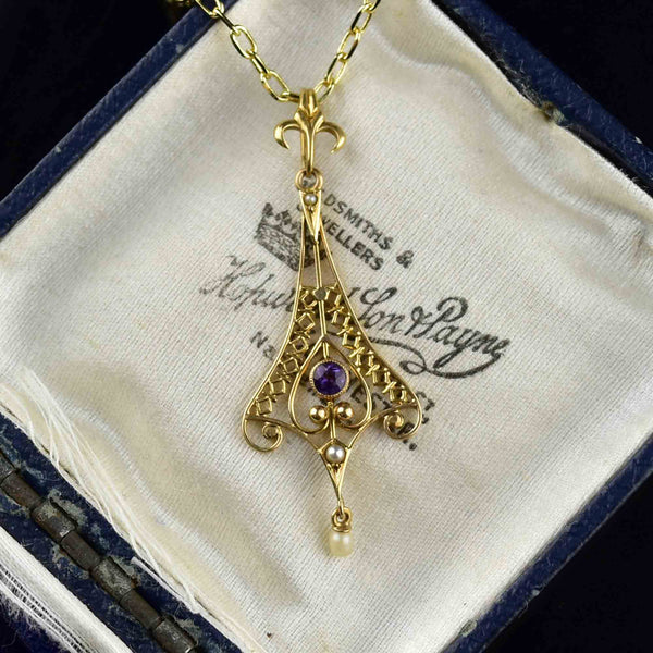 14K Gold Pearl Amethyst Lavalier Pendant Necklace - Boylerpf