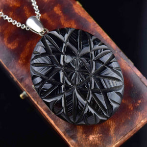 Antique Victorian Carved Whitby Jet Starburst Locket Necklace - Boylerpf