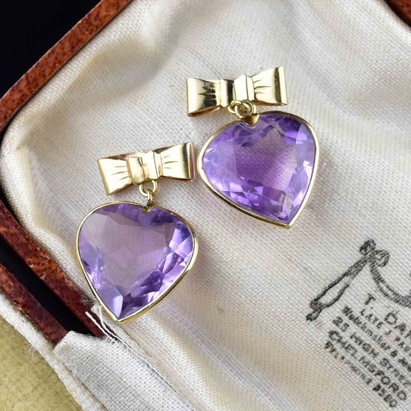 Vintage 14K Gold Bow Amethyst Heart Stud Drop Earrings - Boylerpf