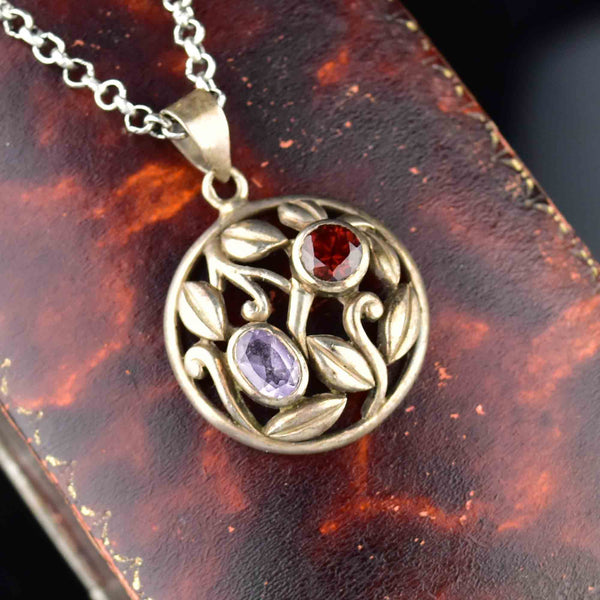 Vintage Silver Floral Amethyst Garnet Pendant Necklace - Boylerpf