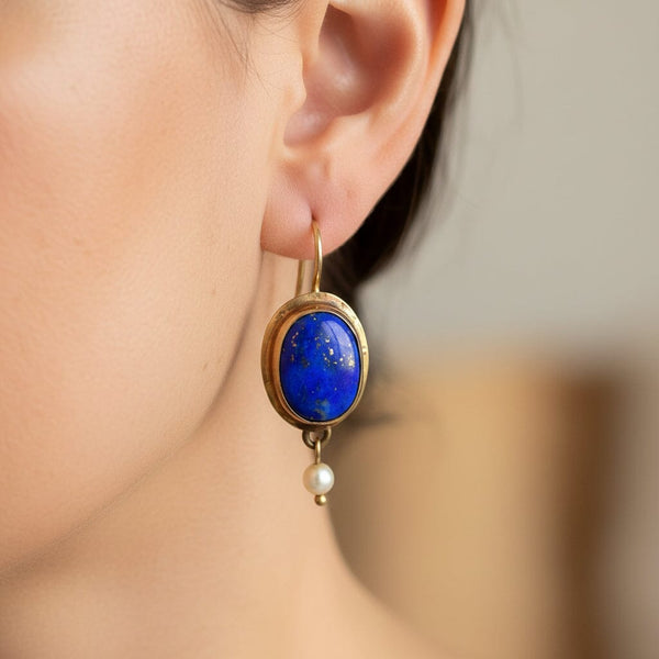Vintage 9K Gold Lapis Lazuli Pearl Drop Earrings