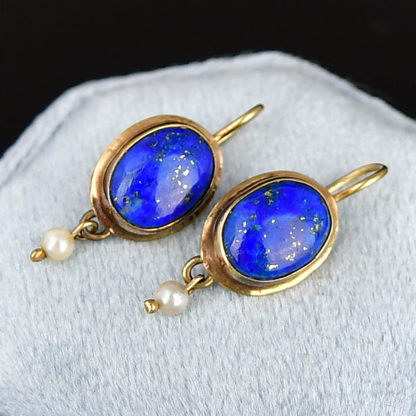 Vintage 9K Gold Lapis Lazuli Pearl Drop Earrings