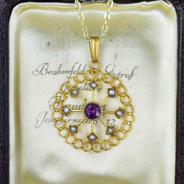 Art Nouveau 10K Gold Amethyst Seed Pearl Lavaliere Necklace - Boylerpf