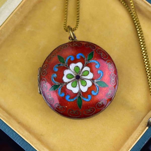 Antique Floral Enamel Keepsake Locket Necklace - Boylerpf