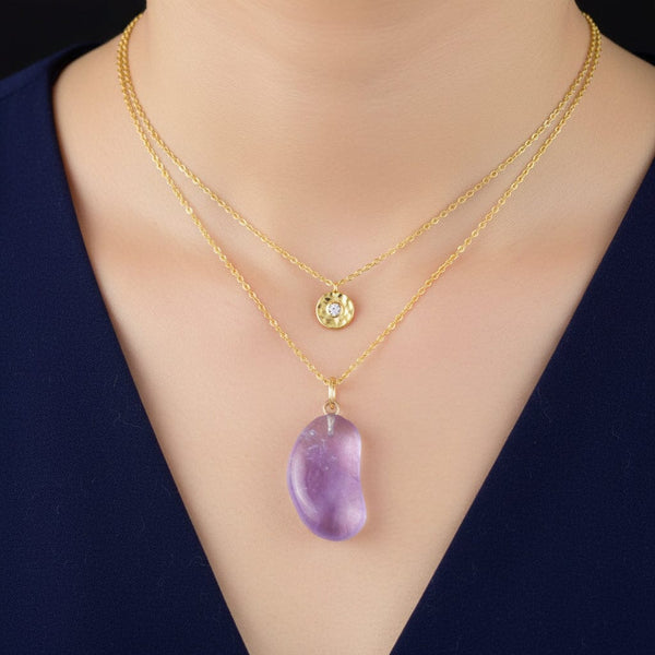 Vintage Gold Amethyst Lucky Bean Charm Pendant Necklace - Boylerpf