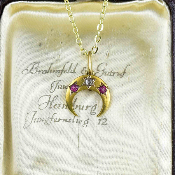 Antique 14K Gold Ruby Diamond Crescent Moon Pendant Necklace - Boylerpf